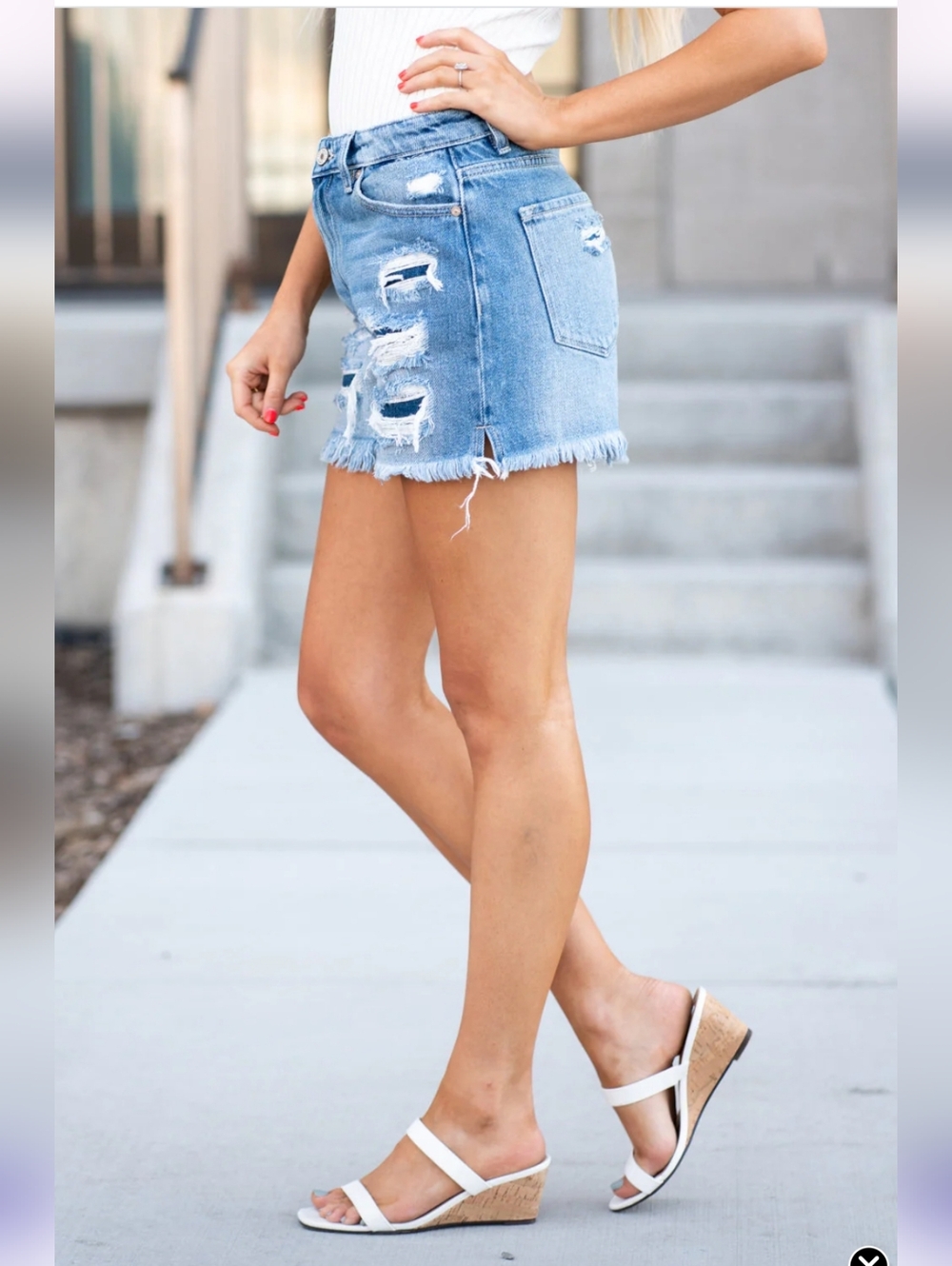 Kancan Ella High-Rise Fray Hem Mom Shorts - Light Blue - Picture 3 of 15